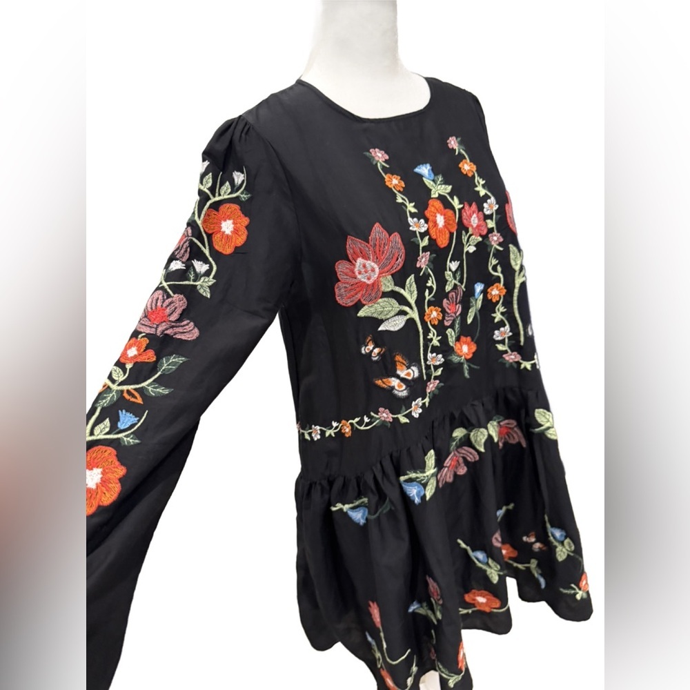 Zara Black Swing Dress with Orange and Green Embroidery XS - Picture 10 of 11